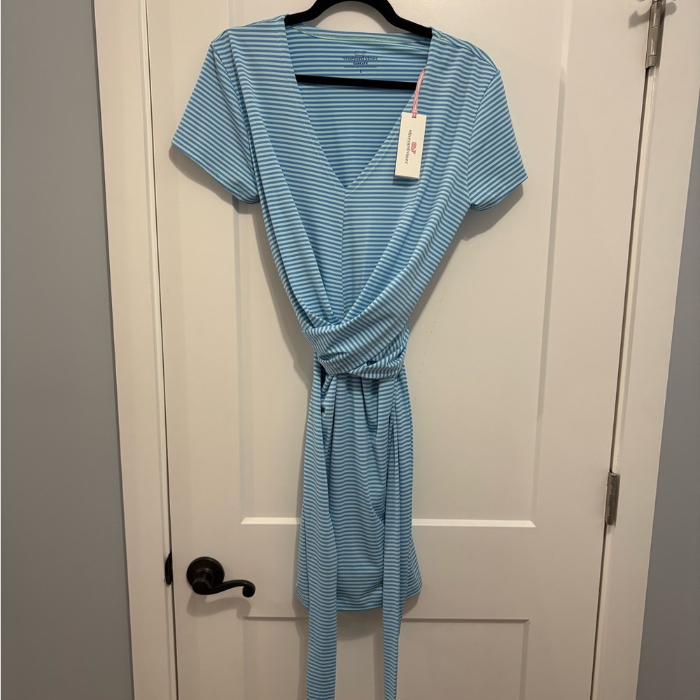 Vineyard Vines Blue Striped Faux-Wrap Dress